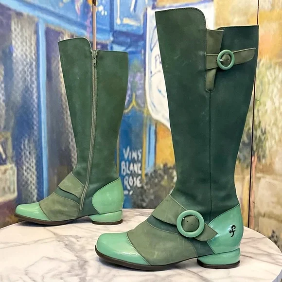 John Fluevog Fellowship Carol Tall Leather Buckle Zip Boots Green 7.5 GUC - Picture 4 of 10